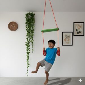 Kids Trapeze Swing Bar with Rings and Hanging Rope - FREE S-Hook